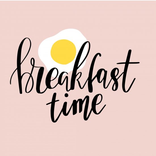 Hand drawn lettering quote Breakfast time on fried egg background. Vector phrase for card, print, poster.